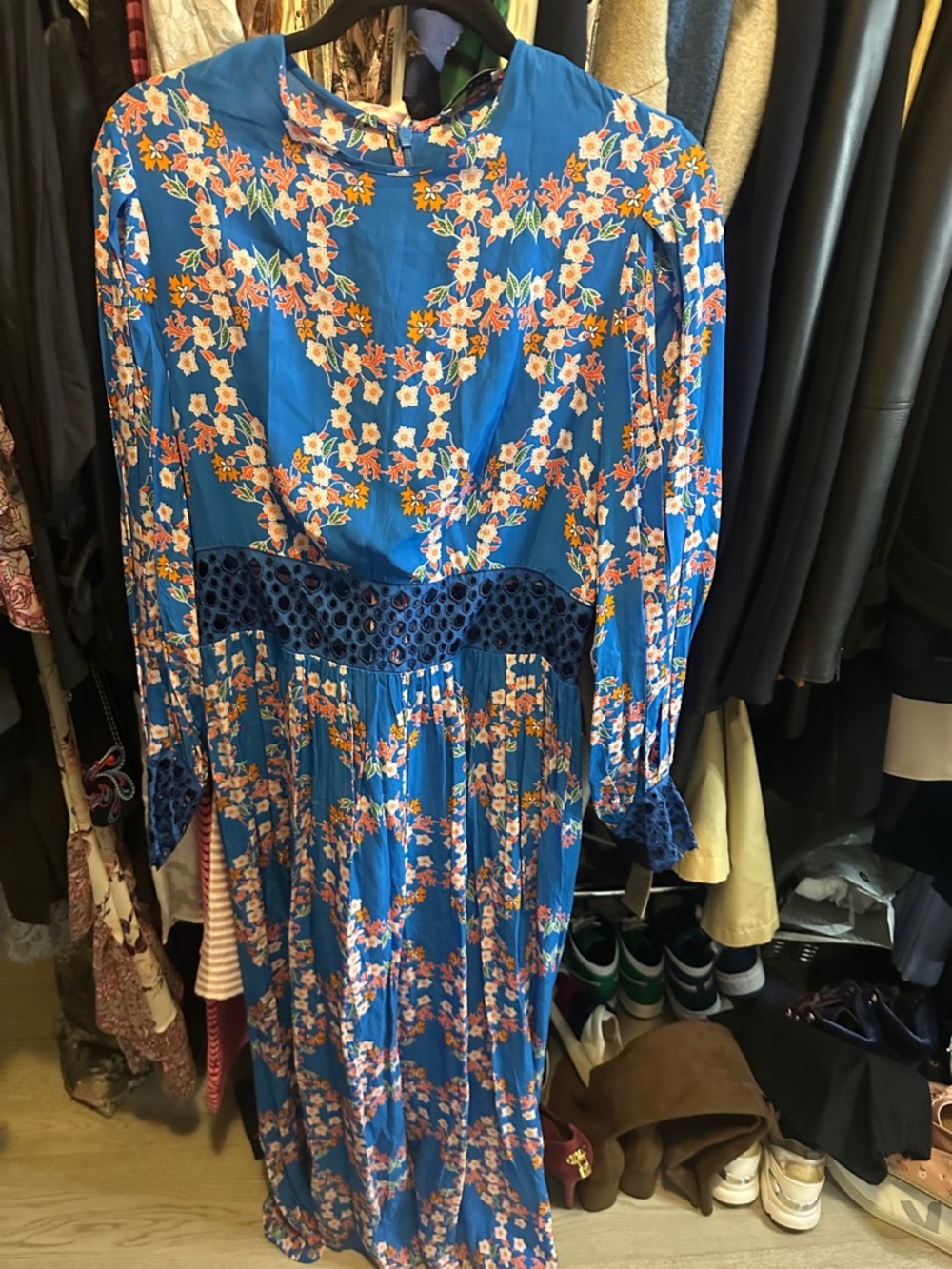 Blue Floral Long Sleeve Midi Dress